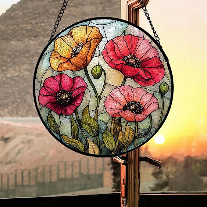 Stained Glass Window Hanging, Red Orange Poppy Birth Flowers Sun Catcher for Door Garden Yard Decor Wildflowers Suncatcher Christmas Mother Birthday Gifts for Women Men Mom Nana 15 in