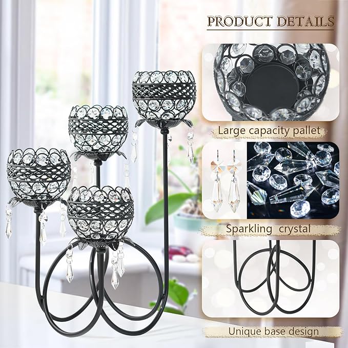 4 Arms Crystal Candelabra Tealight Holder - Tall 15.7 Inch Elegant Centerpiece with Crystal Pendant Bowls & Artistic Metal Stand for Wedding, Dining Table, Home Decor (4, Black)