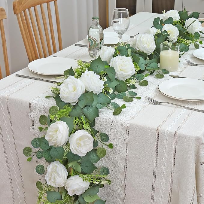 2PCS Artificial Eucalyptus Flowers Garland with White Roses 6.23FT Floral Garland Fake Peony Rose Vines Decorative Wall Hanging Plant for Wedding Party Arch Table Wall Backdrop Decor