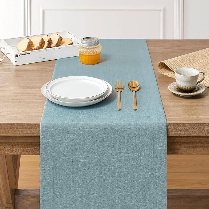 ZeeMart Linen Textured Border Table Runner, 14 x 108 Inch Blue, Farmhouse Style Dusty Blue Table Runners 108 Inches Long, Easy Care Everyday Polyester Table Runner