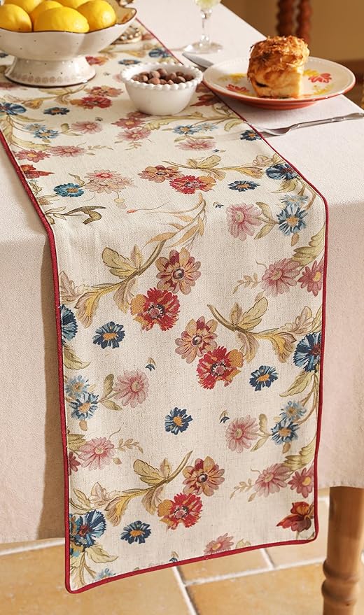 patdrea Designer Farmhouse Linen Extra Long Table Runner, Rustic Cottage Beige with Floral Pattern Fabric Table Mat, Decoration for Kitchen Dining Coffee Table Banquet Christmas , 12"*118"