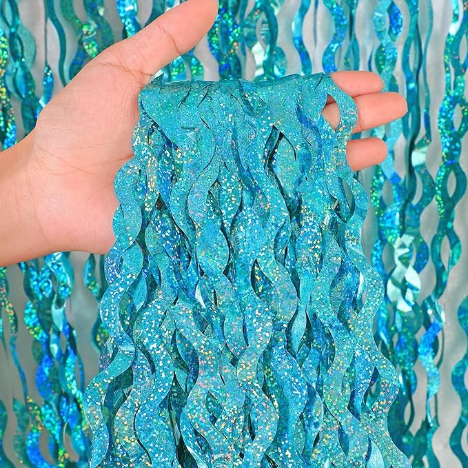 4 Pack Teal Aqua Blue Wavy Foil Fringe Curtains Party Decorations - 3.3 ft x 6.6 ft Sparkle Streamer Tinsel Curtain Party Photo Backdrops for Birthday Party Christmas Graduation Decoration