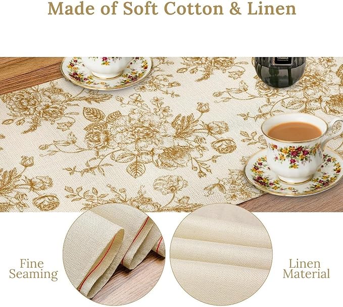 Retro Floral Table Runner, Golden White Wildfloral Sketch Print Kitchen Dinning Table Runner for Indoor Outdoor Home Wedding Party Holiday, 13x36 Inch