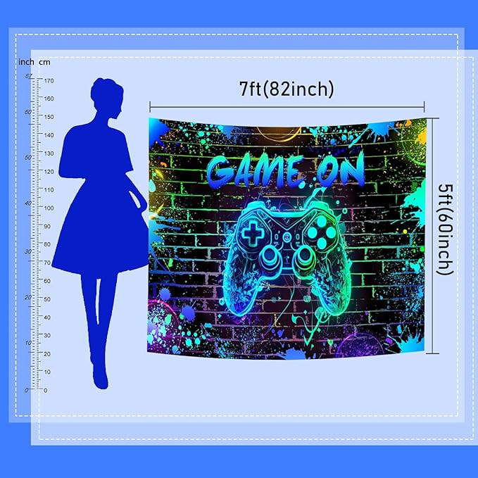 Mocsicka Game On Backdrop Video Game for Boys Level Up Birthday Party Decoration Game Night Arcade Neon Glow Gamer Banner Photography Background (Blue, 8x6ft(96"x72"))
