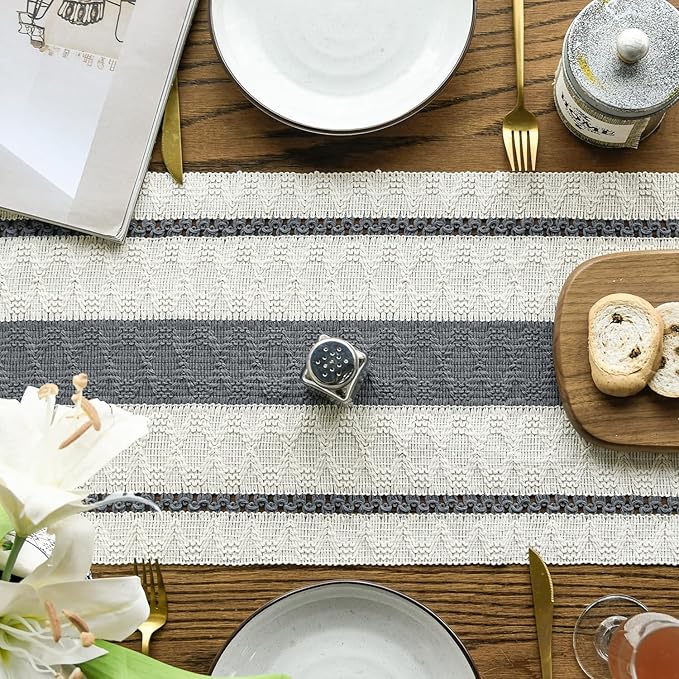 Artoid Mode Dark Grey Farmhouse Woven Rustic Table Runner, Seasonal Holiday Hollow Kitchen Dining Table Decoration for Home Party Decor 12x72 Inch