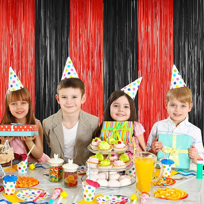 2Pack Black Red Backdrop Curtains Party Decor, Door Streamers Photo Booth Backdrop Metallic Party Streamer Tinsel Foil Fringe Curtains Backdrop Halloween Baby Shower Bachelorette Xmas Party Decors