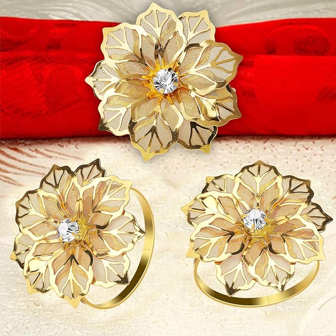 KPOSIYA Set of 20 Napkin Rings, Metal Gold Hollow Out Flower Napkin Ring Holder for Wedding Party Holiday Banquet Christmas Dinner Delicate Serviette Buckles Decor Favor (20, Flower-Gold)
