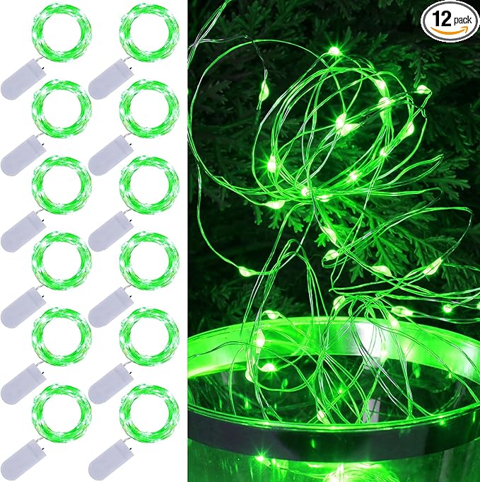 WATERGLIDE 12 Pack Fairy Lights Battery Operated (Included), 7 ft 20 LED Mini String Lights, Waterproof Silver Wire Firefly Starry Light for DIY Christmas St. Patricks Day Mason Jars Decor, Green