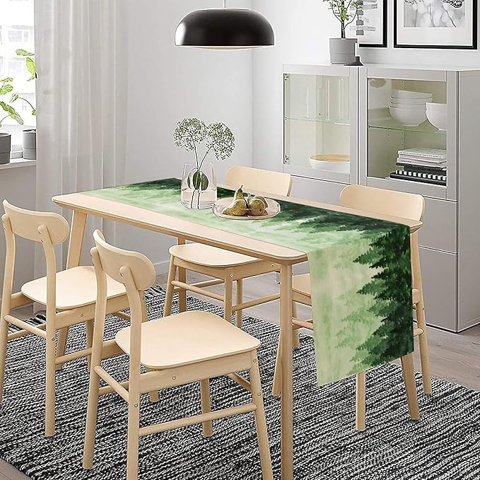 Foggy Forest Table Runner,Watercolor Wreen Misty Forest Landscape Table Runner for Kitchen Dining Table Home Party Decoration 13x90 Inch