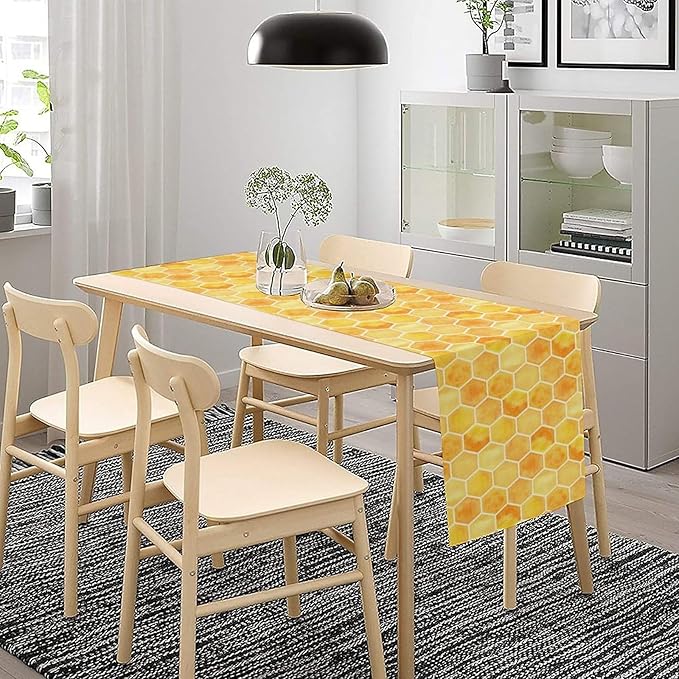 Honeycomb Bee Table Runner, Cute Abstract Geometric Yellow Honeycombs Print Table Cover for Kitchen Dining Table Indoor Outdoor Party Decor, 13x70inch