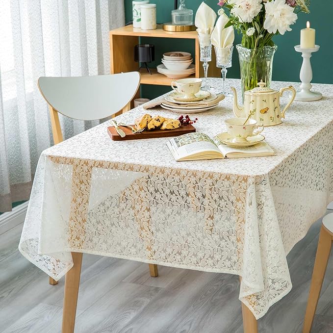Lace Tablecloth Leaf Pattern Warp Knitting Fabric Solid White Rectangle/Oblong Table Cover for Kitchen Dining Farmhouse Wedding Party Decor Ivory, 55x120 Inch