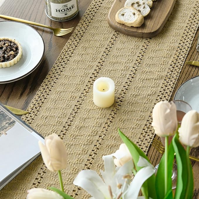 Artoid Mode Burlap Brown Farmhouse Woven Rustic Hollow Table Runner, Seasonal Holiday Hollow Kitchen Dining Table Decoration for Home Party Decor 12x120 Inch