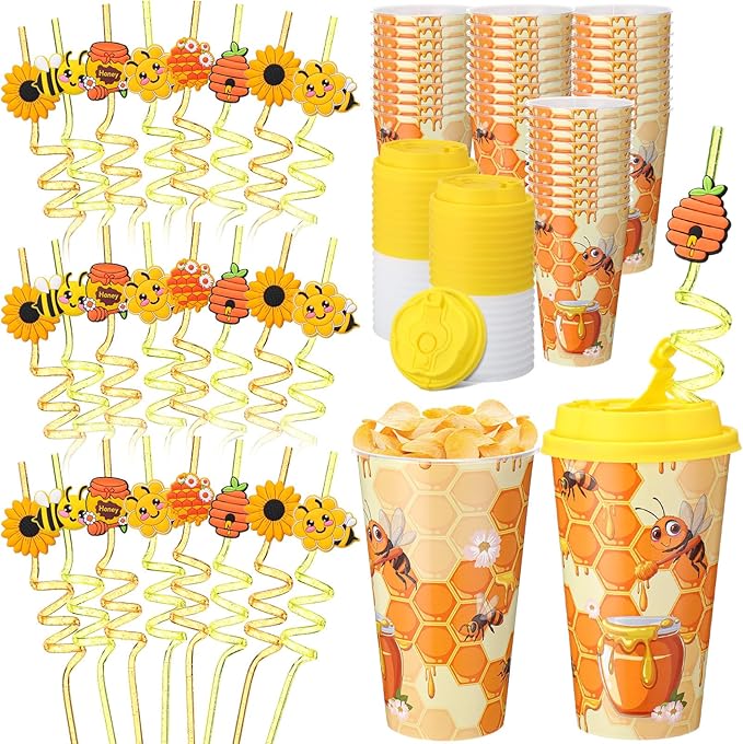 Yungyan 24 Sets Honey Bee Party Favors Goodie Cups with Lids and Straws for Birthday Decorations Reusable 16oz Plastic Candy Cups Plastic Straws for Birthday Party(Bee)