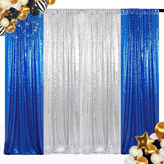 ShinyBeauty Silver and Blue Sequin Backdrop - 4 Pieces Shimmer Curtains Panels for Birthday, Party, Baby Shower, and Photo Backgrounds （2FTX8FT）