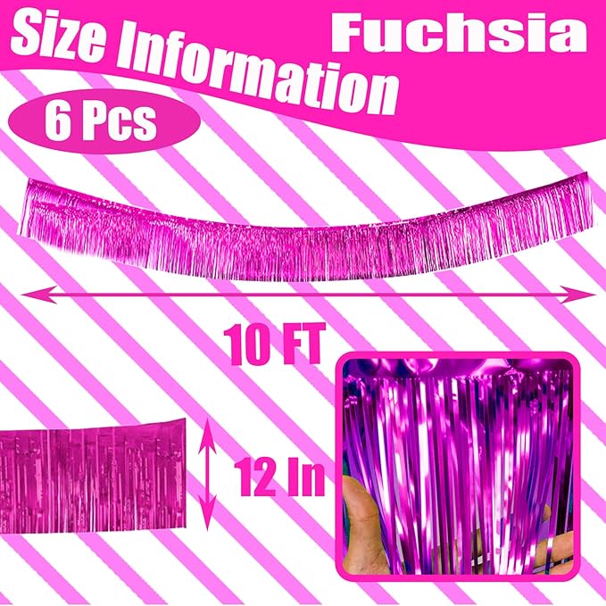 6 Pack 10 Feet Pink Metallic Foil Fringe Garland Rectangular Banner for Parade Floats, Thanksgiving, Christmas, Birthday, Halloween Party Decorations