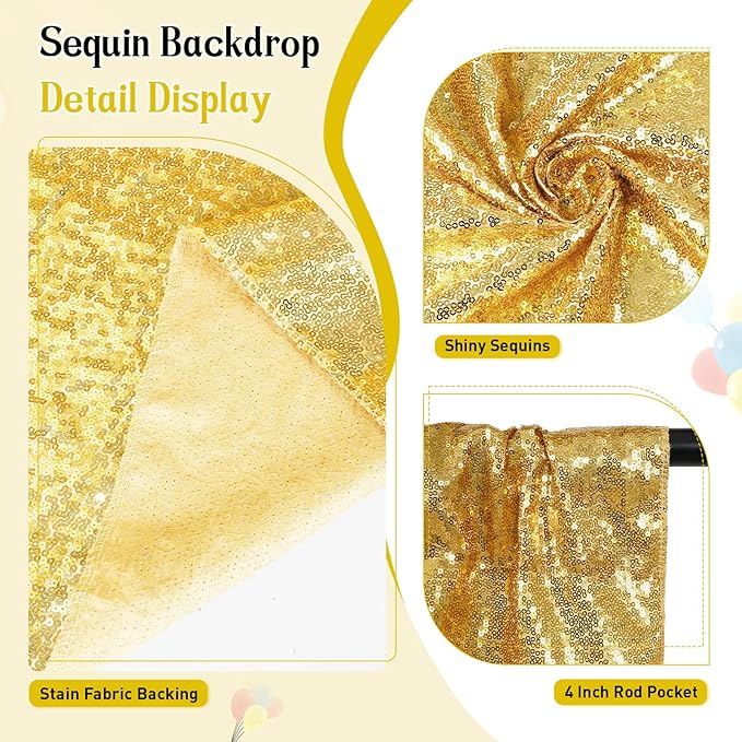 SquarePie Sequin Backdrop Less See Through Thick Background Glitter Curtain Party 20FT x 10FT Gold