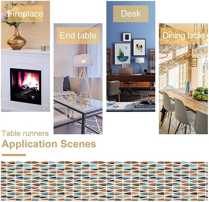 Mid Century Table Runner, Modern Style Retro Pattern Droplet Shapes Mosaic Tones Pattern Print for Home Kitchen Table Decor Dining Coffee Room Party Decor 13x90in