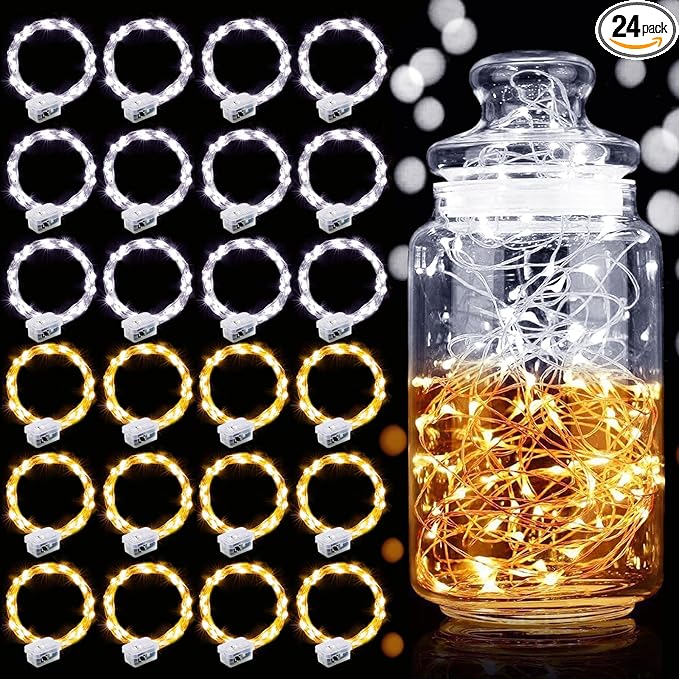 Aogist 24 Pack Fairy Lights 3 Modes 7ft 20 LED Waterproof,Battery Operated Silver Wire Firefly Starry Moon Mini String Lights for Mason Jars Christmas DIY Crafts Party Bedroom,Cool White&Warm White