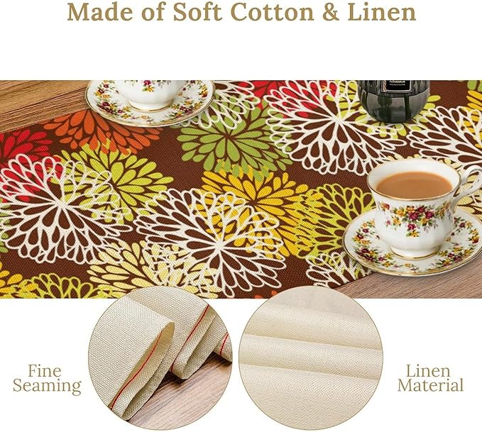 Brown Dahlia Floral Table Runner, Seasonal Autumn Thanksgiving Pattern Print for Home Kitchen Table Decor Dining Coffee Room Party Decor 13x108 Inch