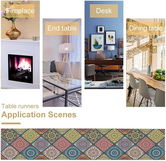 Boho Bohemian Table Runner, Vintage Indian Floral Print Table Cover for Farmhouse Kitchen Dining Table Decor Holiday Party, 13x36inch