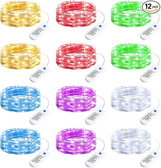 Minetom 12 Pack Fairy Lights Battery Operated String Lights, 8 Modes & Timer, 7ft 20LED 6 Colors Waterproof Silver Wire Twinkle Lights, Firefly Starry Moon Lights for Mason Jars DIY Christmas Wedding