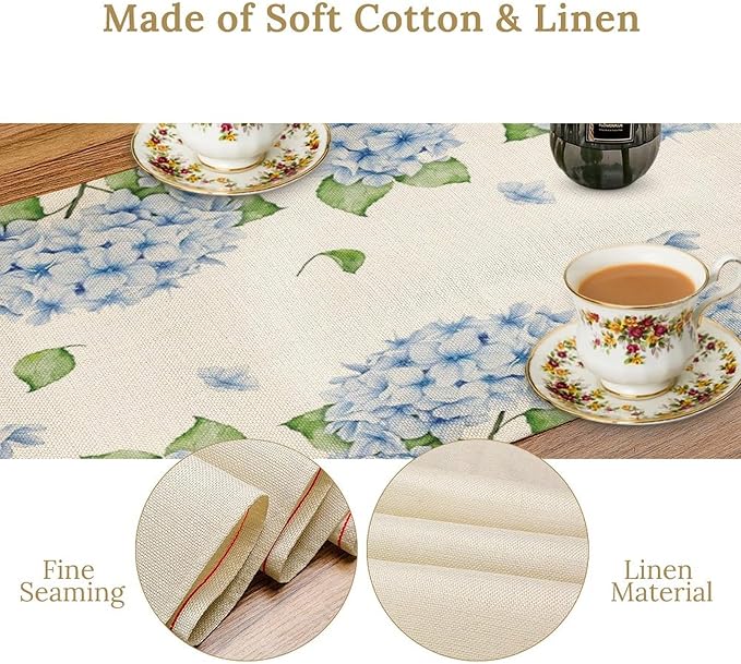 Watercolor Hydrangea Flower Table Runner, Spring Summer Seasonal Plants Butterfly Blue Dinner Runner for Home Kitchen Dining Table Party Holiday Decoration 13"x70"