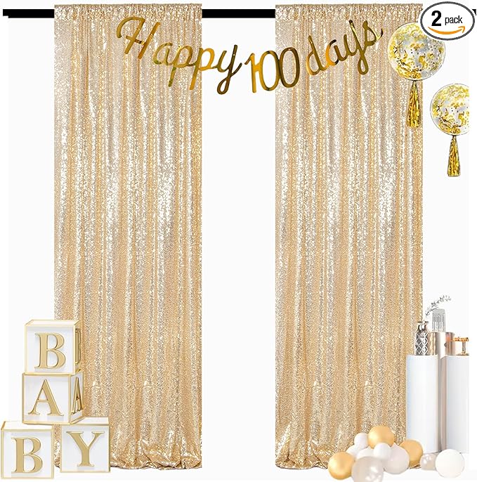 ShinyBeauty Light Gold Backdrop Sequin Curtains 4FTx7FT 2 Pieces Photograph Backdrops Golden Curtain Panels Shimmer Background for Birthday,Party,Wedding,Photoshoot Decor(8FTX7FT)