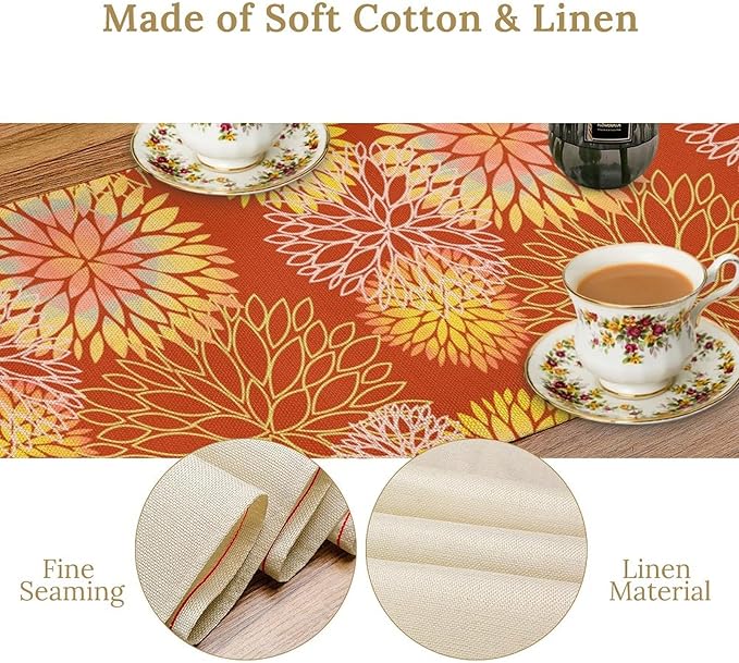 Yellow Floral Table Runner, Chrysanthemum Autumn Spring Summer Vintage Modern Linen Geometric Table Runner for Kitchen Living Room Bedroom Party Holiday, 13x90 Inch