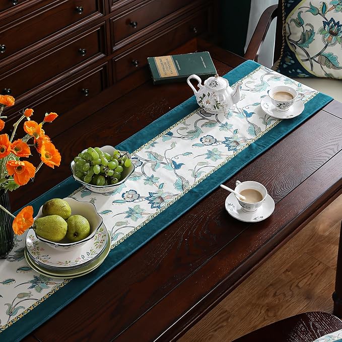 patdrea Designer Elegant French Floral Velvet Table Runner, Teal with Blossoms Pattern Table Mat, Decoration for Kitchen Dining Coffee Table Shelf Cabinet Banquet Thanksgiving,12"*87"
