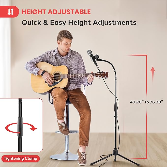 Pyle Tripod Mic Stand, Adjustable Gooseneck Microphone Stand, Sturdy Build, Non-Slip Rubber Feet, Folds Flat for Compact Storage, Includes Mic Clip & 5/8" Adapter, 52.36" to 79.13" Inch