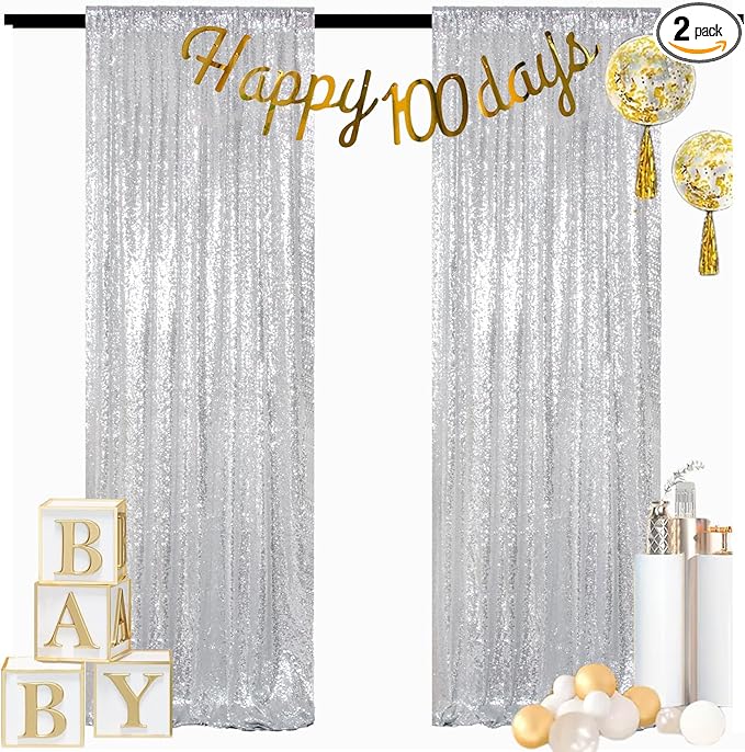 ShinyBeauty Silver Backdrops 2 Pieces Sequin Curtains 4FTx7FT Photoshoot Background Shimmer Backdrop Curtain Panels Sparkle Backdrop for Birthday,Wedding,Party Studio Decor(8FTX7FT)