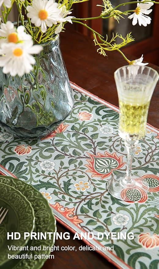 ISAENNE Designer French Green Elegant Linen Table Runner 118 Inches Extra Long,Colorful Flower Pattern Soft Table Runners for Dining Tables,Thanksgiving,Kitchen Tables,Christmas,12"*118"-Naples B