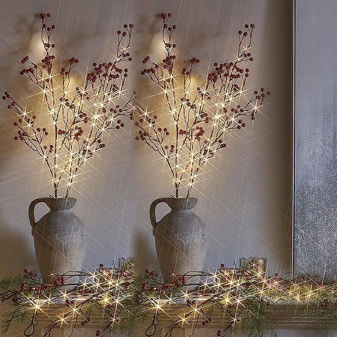 Fudios Lighted Red Berry Branches 80 LED Fairy Lights with Timer USB Plug in or Battery Operated, Artificial Twig Branches with Lights 32IN Christmas Home Fireplace Mantle Decoration