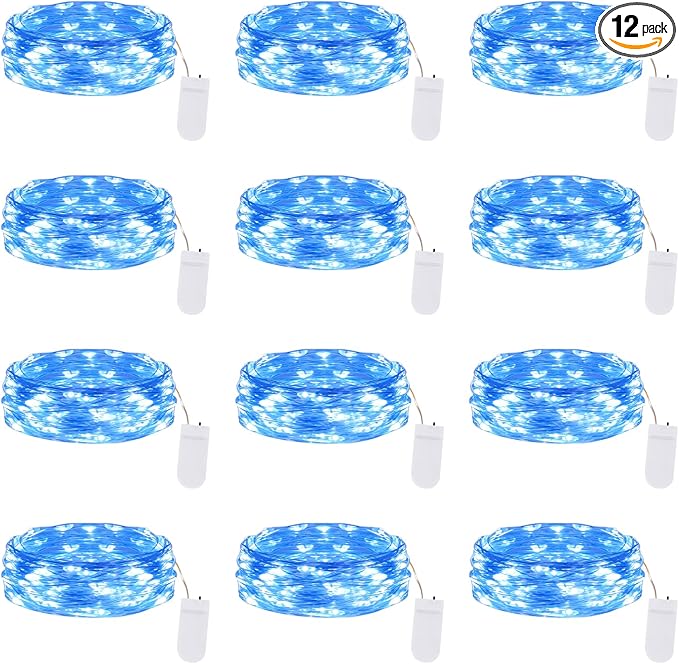 Lakumu 12 Pack Fairy Lights Battery Operated -7FT 20LED String Lights Silver Wire Firefly Starry Lights for DIY Christmas Decorations Mason Jar Wedding Party Centerpiece Table Decor, Blue
