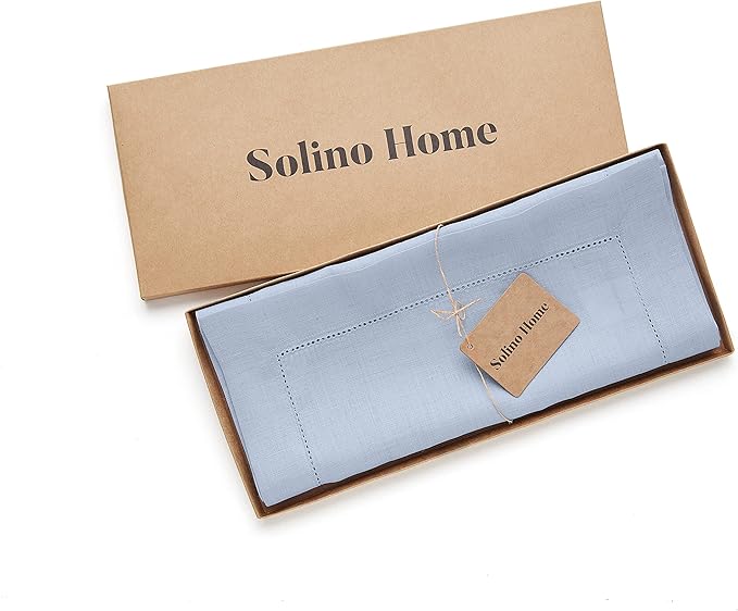 Solino Home Linen Sky Blue Table Runner 132 Inches Long - 100% Pure Linen Extra Long Table Runner 14 x 132 Inch for Christmas - Classic Hemstitch