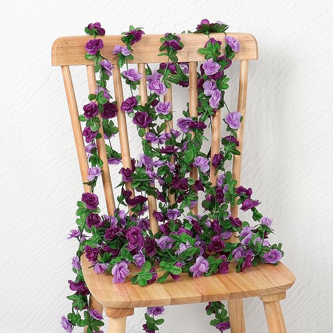 KHOYIME 5 Pack 40 FT Artificial Flower Garland, Fake Purple Roses Vines Silk Flowers Faux Plastic Outdoor Hanging Floral Ivy Garland Decoration for Wedding Arch Bedroom Home Wall Backdrop Room Decor
