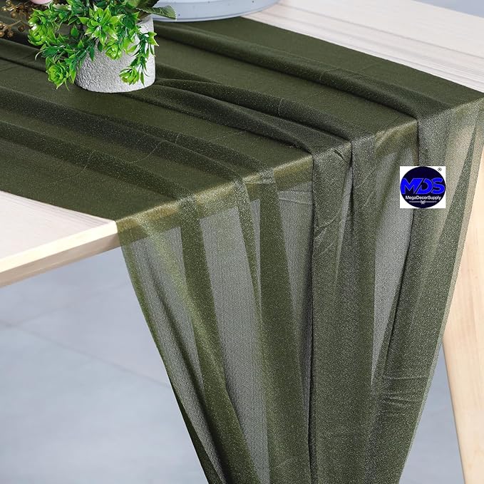 MDS 20 Pack 10ft Chiffon Table Runner 29 x 120 Inches Sheer Wedding Runner Romantic Rustic Table Runner for Wedding Decorations, Birthday Parties, Bridal Shower Party Arch Decor - Olive Green