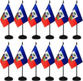 12 Pack Haiti Desk Flags Set, Haitian Small Mini Table Office Flags With 12" Solid Black Pole, Black Base and Spear Top, Miniature Desktop Flag, Home Decoration, Office Decoration, Festival