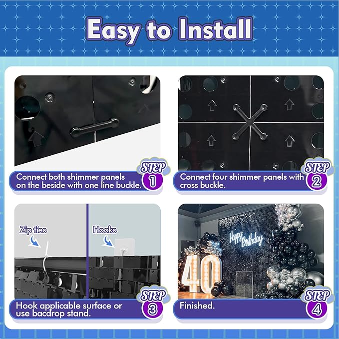 Qcity Light Gold Shimmer Wall Backdrop 24PCS, Black Back Not See-Through Design, Square Sequin Glitter Backdrop Panel, Perfect for Outdoor Events, Birthdays, Wedding and Party Decoration