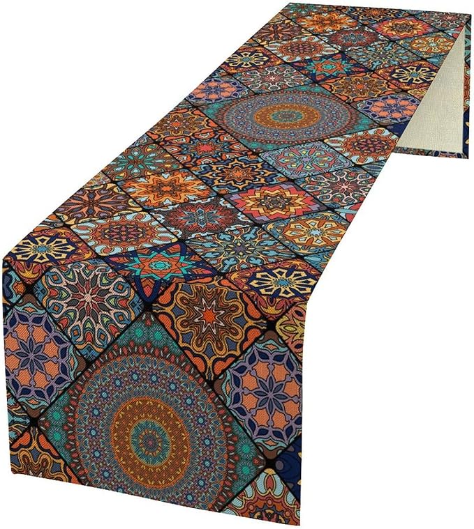 Bohemian Table Runner, Colorful Vintage Indian Mandala Floral Table Runners for Kitchen Dining Coffee Table Indoor Outdoor Party Decor, 13x90inch