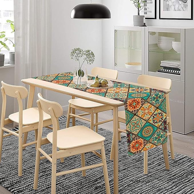 Bohemian Patchwork Table Runnerboho Colorful Tile Patchwork Indian Floral Print Table Runner for Home Kitchen Indoor Outdoor Party Wedding Decor, 13x120inch