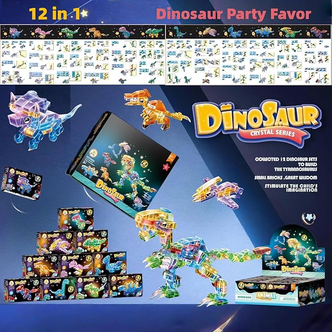 Crystal Dinosaur Party Favors for Kids,12 in 1 Mini Dinosaur Building Blocks Toy Animals Building Sets,Dino Party Goodie Bags Fillers,Classroom Prizes Christmas Birthday Gift for Student,Kid Age 6-12