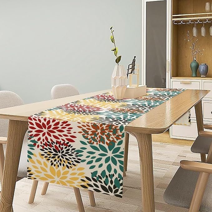 Green Red Dahlia Flower Table Runner Chrysanthemum Geometric Kitchen Dining Bedroom Living Room Table Decor for Indoor Outdoor Home Party, 13x70 Inch