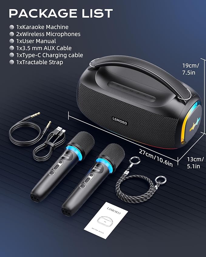 Karaoke Machine,IPX5 Waterproof Portable Bluetooth 5.3 Speaker with 2 Wireless Microphones for Adults & Kids,60W PA System Supports TWS/TF Card/USB/AUX/Live for Home Party-Black