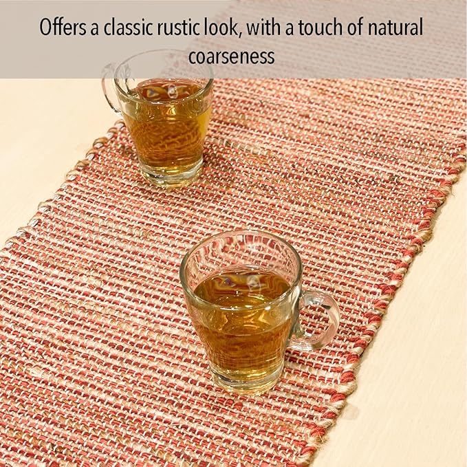 Chardin home Natural Jute Table Runner 13x90 Inch – Vintage Boho Rustic Table Decor – Handwoven Table Runner in Natural Jute and Rust Orange – Farmhouse Dining or Console Table Accent