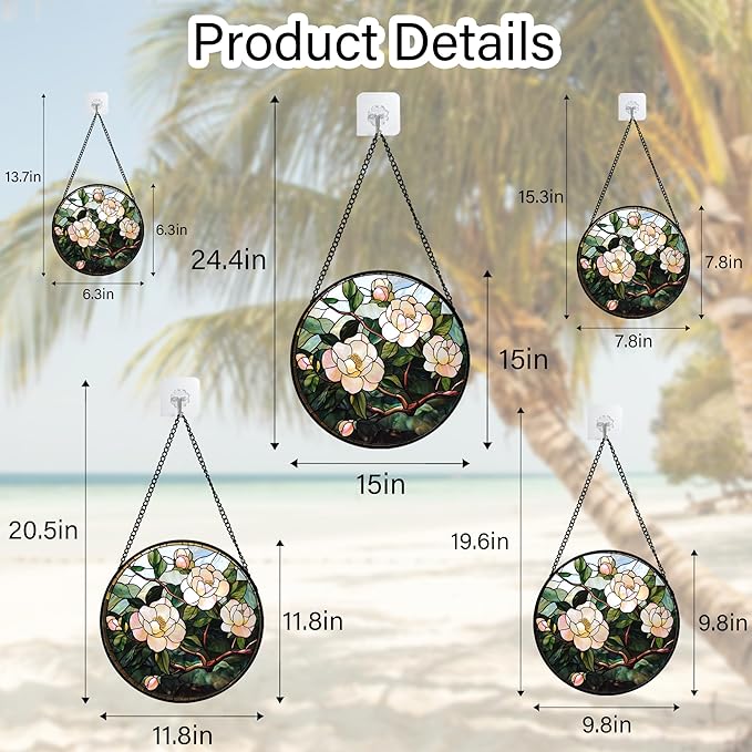 Stained Glass Suncatcher, Light Pink Flowers Green Leaf Sun Catcher Plant Stain Glass Window Hanging Decoration Mother's Day Birthday Gifts for Women Men Mom Nana 6.3 in
