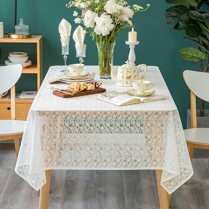 Lace Tablecloth Leaf Pattern Warp Knitting Fabric Solid White Rectangle/Oblong Table Cover for Kitchen Dining Farmhouse Wedding Party Decor Ivory, 55x102 Inch