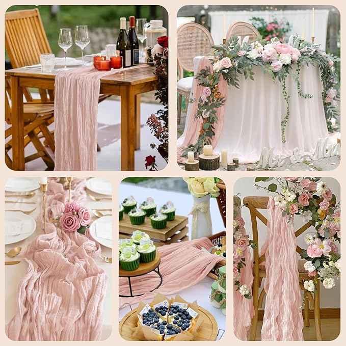 Asee'm 3pcs Cheesecloth Table Runner 120 Inches Dusty Pink Boho Gauze Cheese Cloth Runner 10FT Rustic Sheer Fall Table Runners for Thanksgiving Wedding Baby Shower Holiday Party Decoration