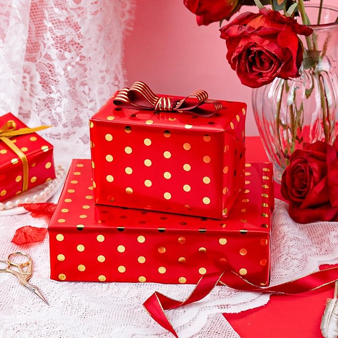 Flyhill Gold Foil Polka Dot Wrapping Paper Roll,Mini Roll Red Reversibl Gift Wrap for Birthday,Girls,Baby Shower,Wedding (17 Inch X 32.8 Feet)