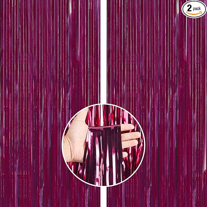PartyWoo Foil Fringe Curtains, 2 pcs 3.3x6.6 ft Burgundy Red Streamers, Fringe Backdrop, Party Backdrop Curtain, Tinsel Curtains, Door Shimmer, Streamers Party Decorations for Birthday, Christmas